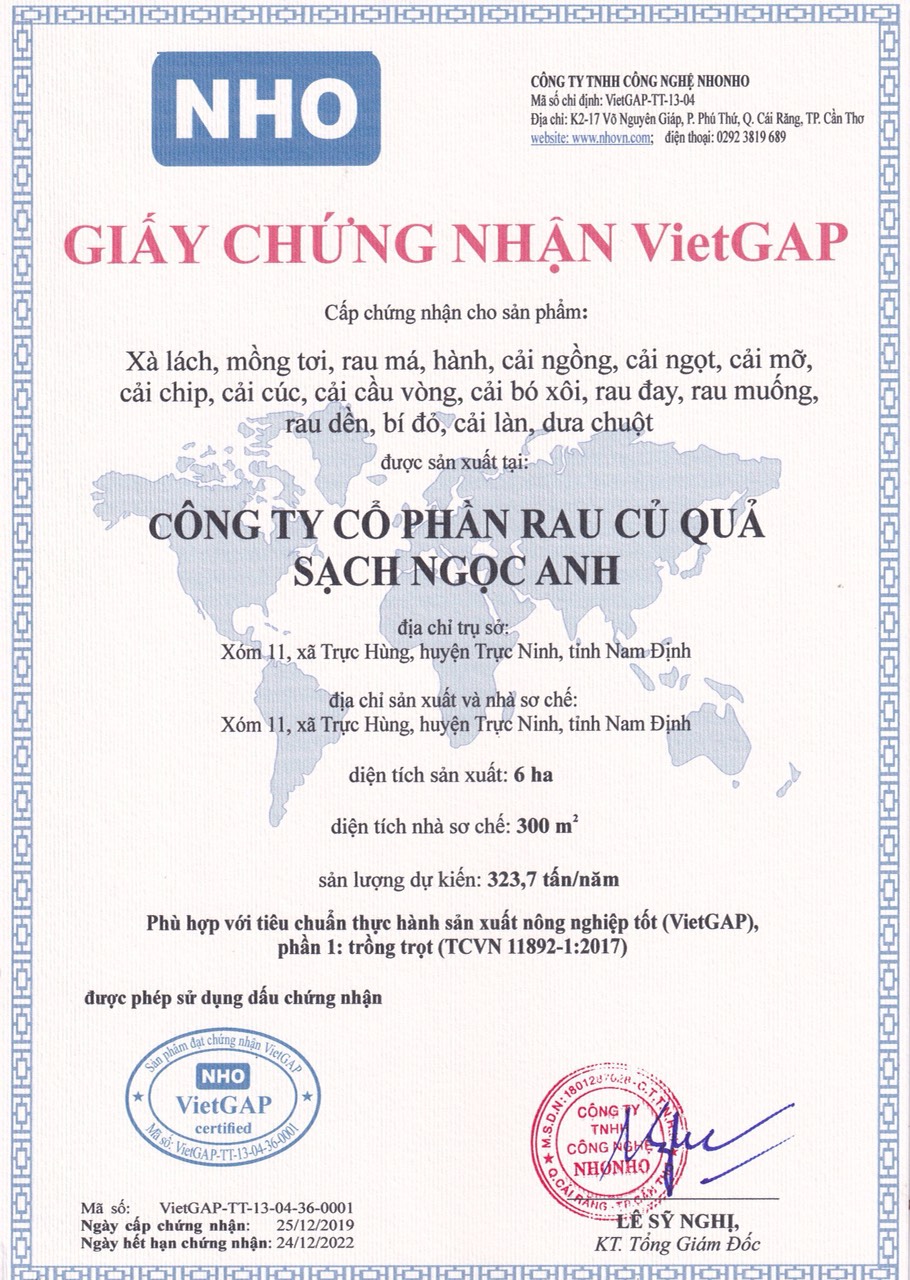 Giấy chứng nhận VietGap của công ty Ngọc Anh