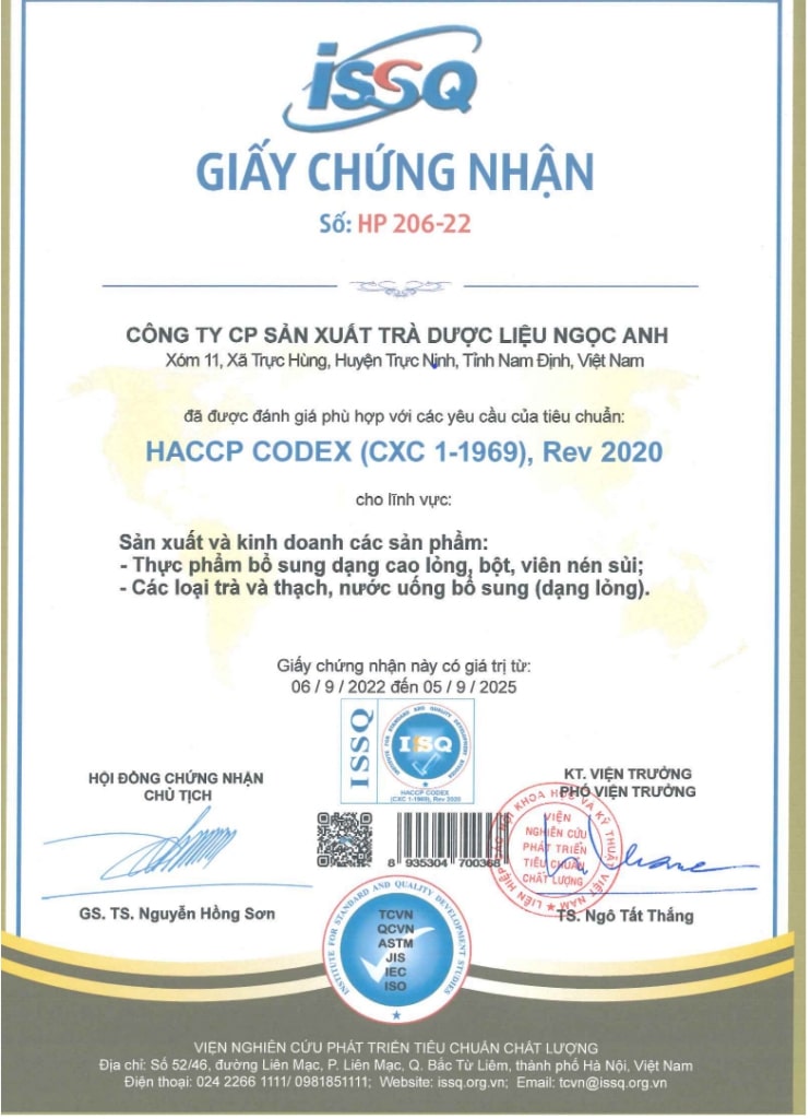 Chứng Nhận ISO số HP 206 - 22, HCCP CODEX (CXC 1 -1969) của Ngọc Anh